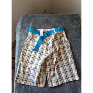 Seven Souls Mens Plaid Shorts Beetroot Multi Color Check with Blue Belt Size 36